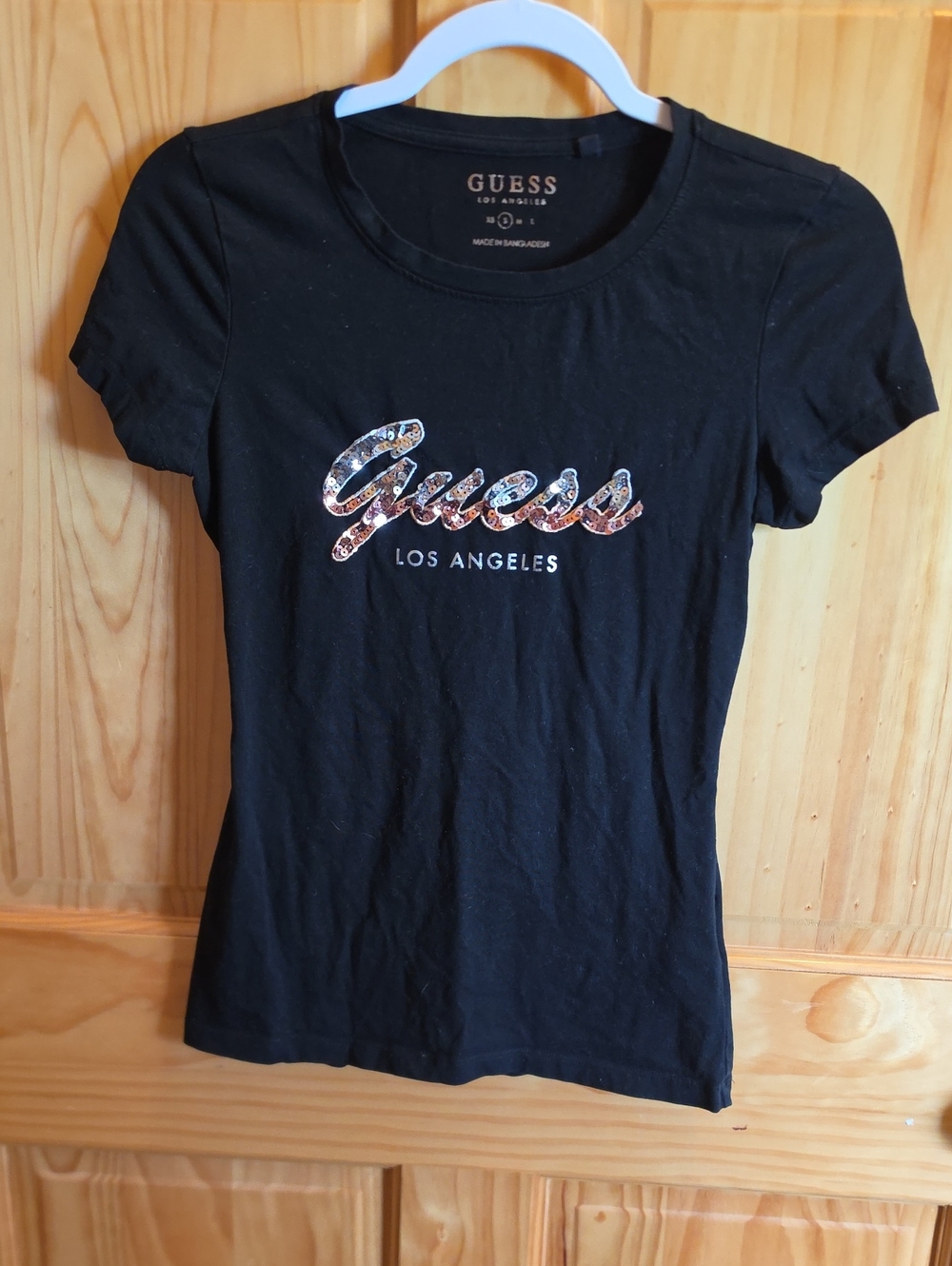 GUESS Black Short-Sleeve Logo Tee with Sequin Script
